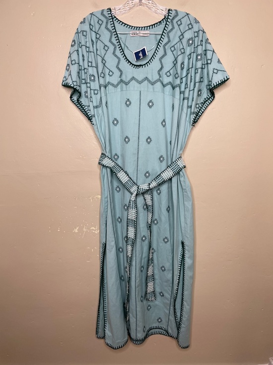 Zara Dresses & Skirts - ZARA Blue Green Bloggers Fav Embroidered Linen Caftan Tunic Belted Dress NWT Lg